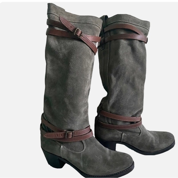 Frye Taupe Olive Leather Suede Tall Boots Size 6.5
